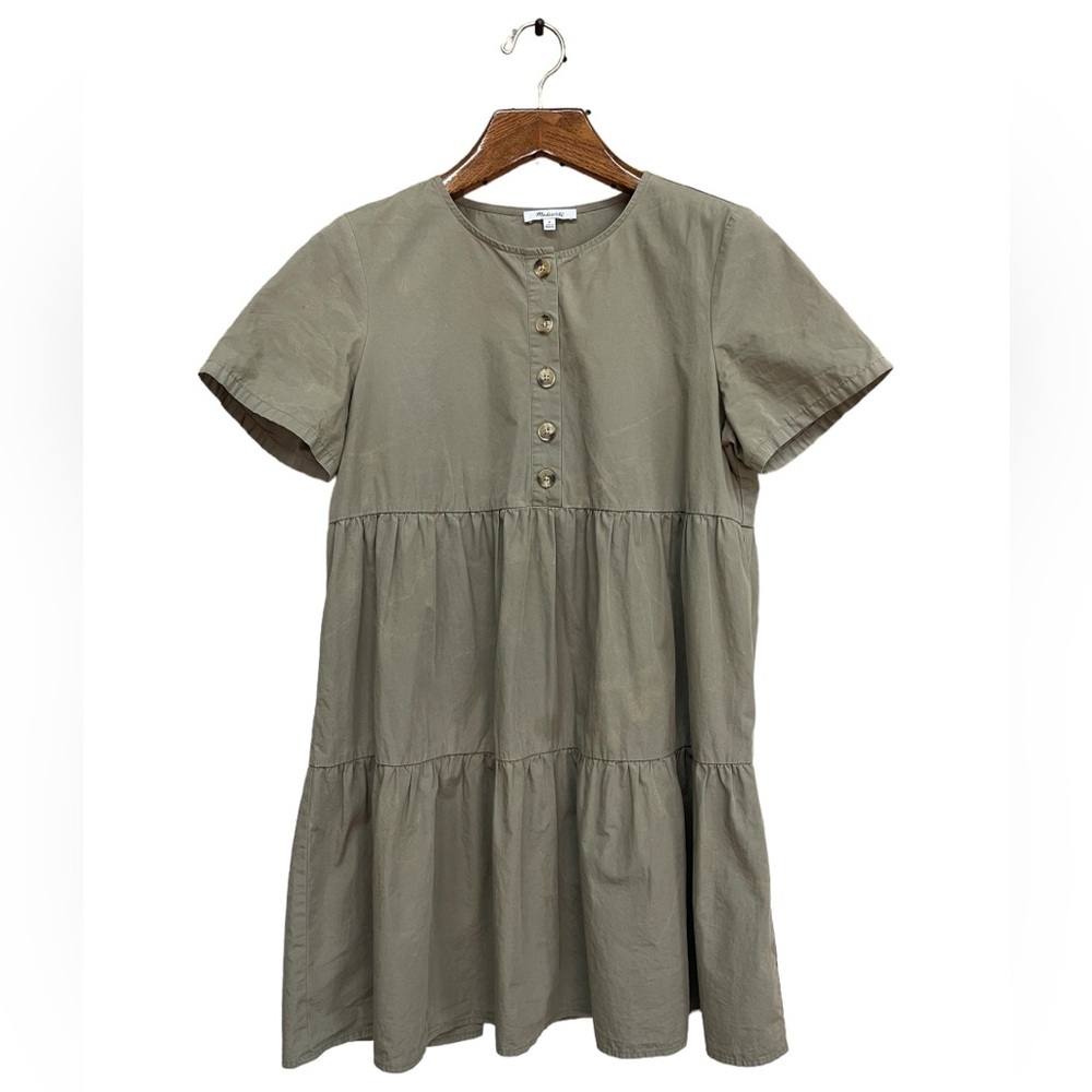 Madewell Button Front Tiered Poplin Babydoll Mini Dress Olive Green Size Medium - Picture 2 of 8